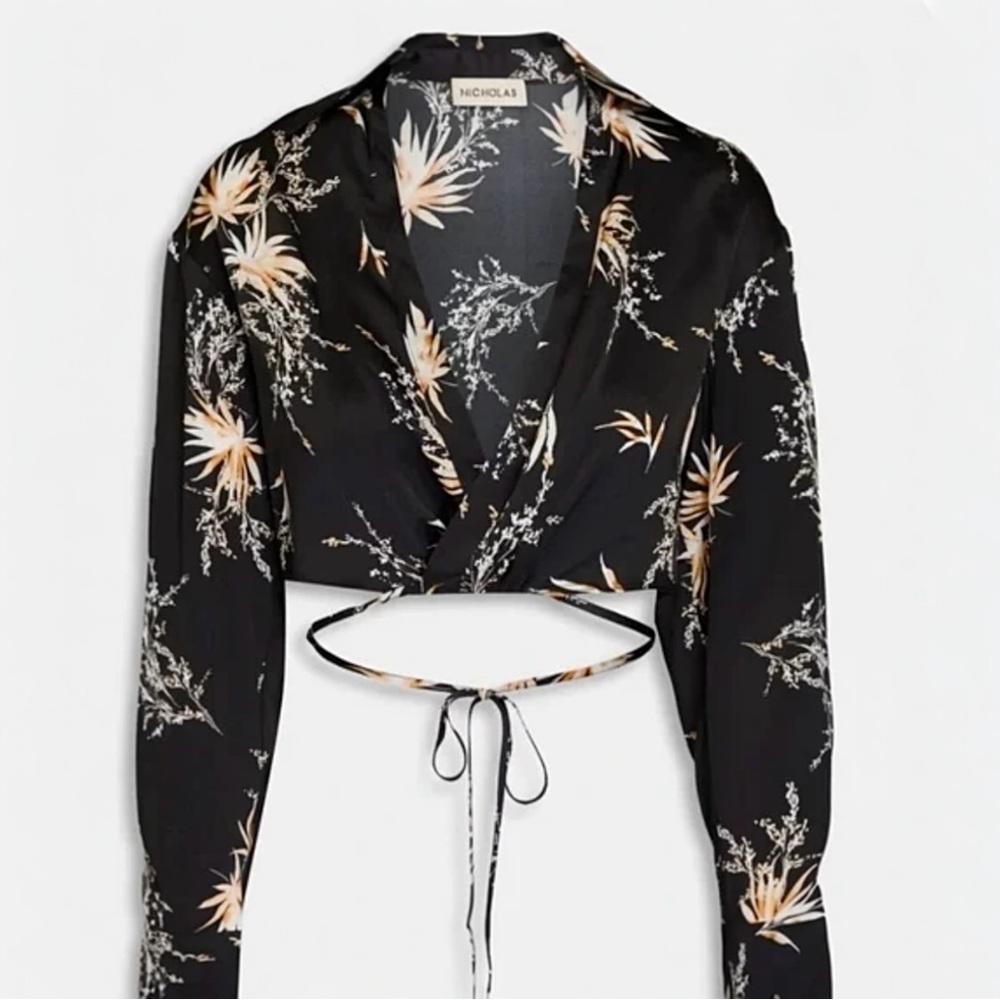 Nicholas Edeline Silk Wrap Crop Top Long Sleeve V-Size 12